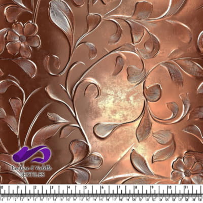 Copper embossed floral metal texture with ornamental leaves and flowers pattern