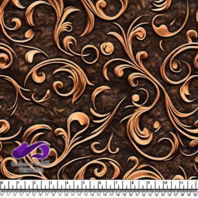 Decorative copper colored floral ornamental scrollwork design on dark textured background