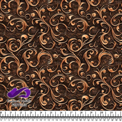 Decorative copper colored floral ornamental scrollwork design on dark textured background