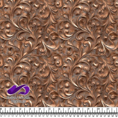 Ornate copper embossed baroque floral pattern with swirls and leaves texture