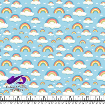 Arc-en-ciel coloré avec des nuages moelleux sur un fond bleu clair