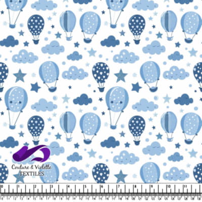 Blue hot air balloons clouds and stars