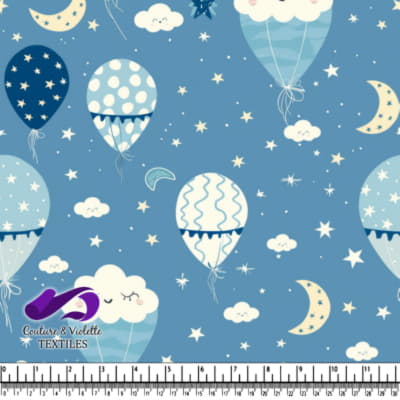 Whimsical night sky with stars moons clouds and patterned hot air balloons on blue background