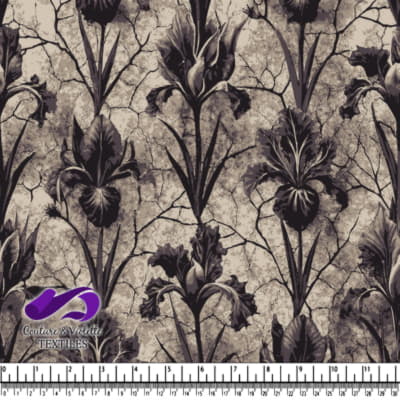 Motif de fleurs d'iris vintage en noir et gris sur un fond texturé fissuré