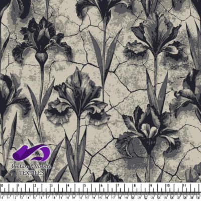 Black and white vintage floral pattern with cracked texture background