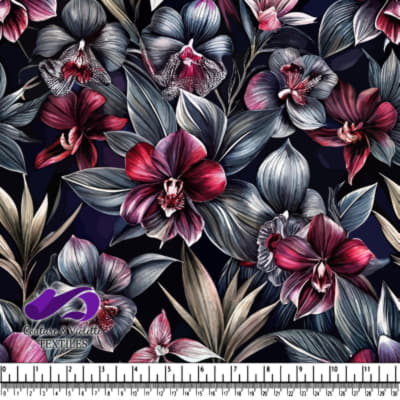 Dark floral pattern with vibrant orchids and tropical leaves