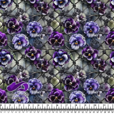 Fleurs de pensées violettes et blanches entrelacées de branches sombres