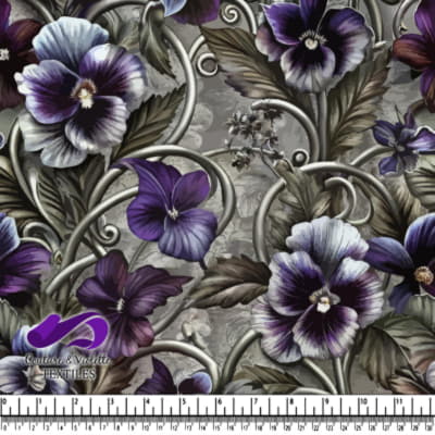 Motif floral de pensées violettes et blanches avec des feuilles tourbillonnantes