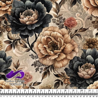 Vintage floral fabric pattern with large beige and dark blue flowers