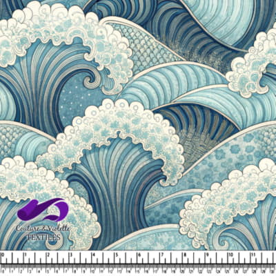 Vagues stylisées de l'océan aux nuances de bleu avec mousse et détails complexes