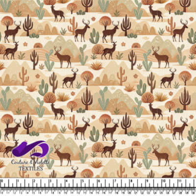 Motif de paysage désertique avec des cerfs, des cactus et des montagnes dans des tons terreux chauds