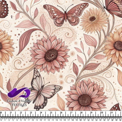 Delicate vintage floral pattern with sunflowers and butterflies in soft warm tones