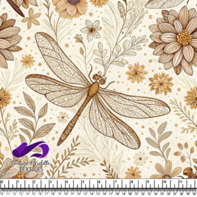 Motif floral vintage beige avec une libellule détaillée