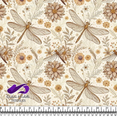 Motif floral vintage beige avec une libellule détaillée
