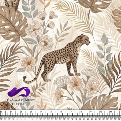 Leopard in tropical foliage pattern in beige and brown tones