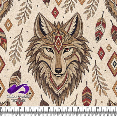 Tête de Loup avec Plumes et Motifs Géométriques