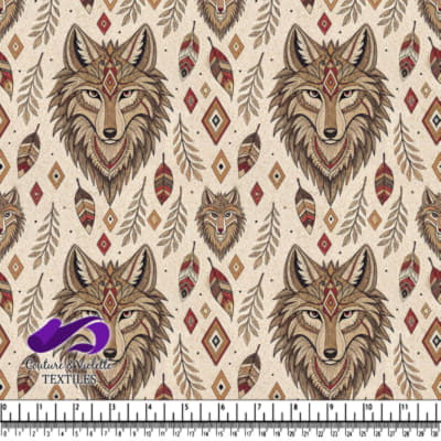 Tête de Loup avec Plumes et Motifs Géométriques