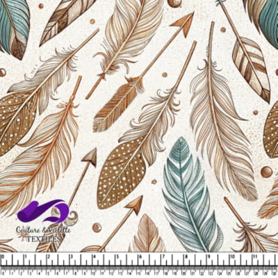 Plumes et flèches détaillées aux tons brun, turquoise et cuivre