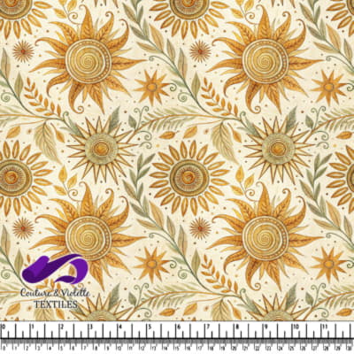 Vintage botanical fabric pattern with stylized sunflowers