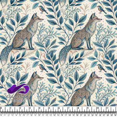 Fox and bird surrounded by stylized leaves