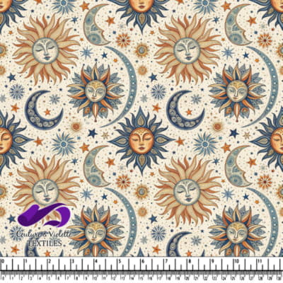 Motif céleste vintage avec soleils, lunes et étoiles aux tons chauds