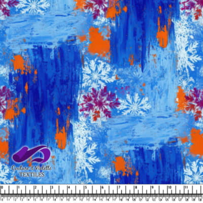 Abstract blue textured fabric with white and purple snowflakes and orange