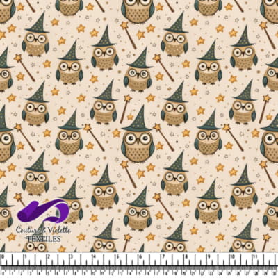 Chouettes mignonnes avec des chapeaux de sorcier, des étoiles et des baguettes magiques