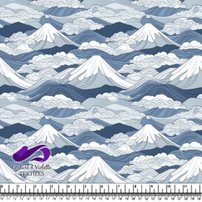 Blue mountains with snow caps and swirling clouds