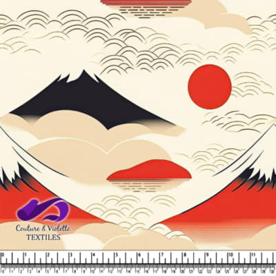 Abstract Japanese landscape with mountains red sun and clouds in traditional style