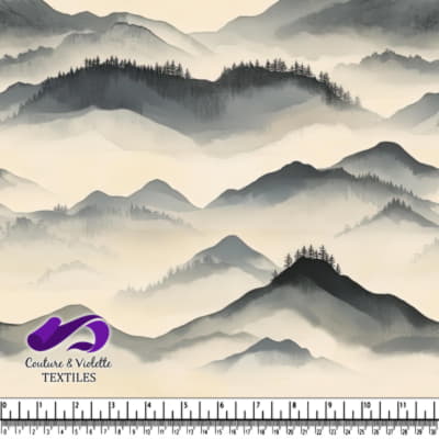 Paysage de montagne avec silhouettes d'arbres et de collines