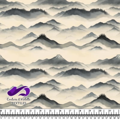 Paysage de montagne avec silhouettes d'arbres et de collines