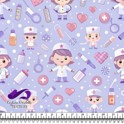 Motif Mignon d'Infirmière et Fournitures Médicales sur Fond Violet