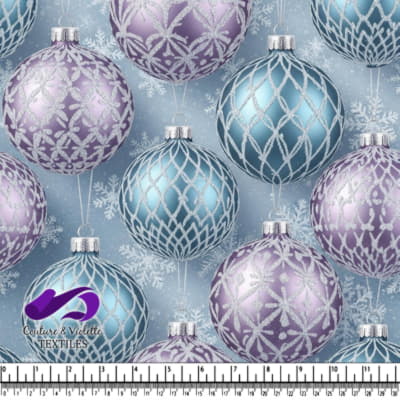 Blue and Purple Christmas Ornaments Pattern on Winter Background