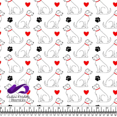 White Dog Pattern with Red Hearts and Black Paw Prints