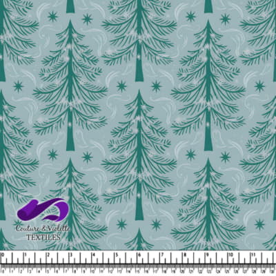 Winter Pine Tree Pattern with Snowflakes on Blue Background