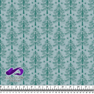 Winter Pine Tree Pattern with Snowflakes on Blue Background