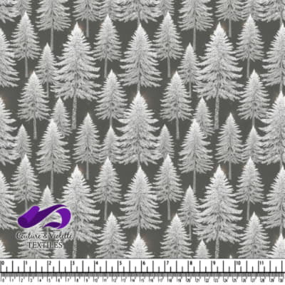 Silver Pine Trees Pattern on Dark Gray Background Textile Design