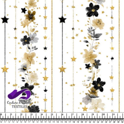 Black Gold Floral and Star Pattern on White Fabric