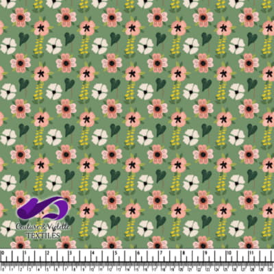Green Floral Pattern with Pink White and Yellow Flowers