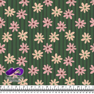 Green Striped Background with Pink and Peach Flowers Pattern