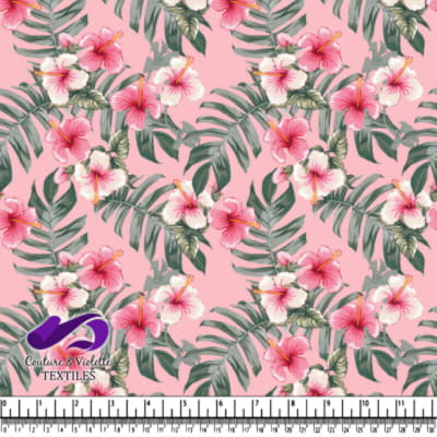 Pink Hibiscus Flowers and Green Leaves Tropical Pattern