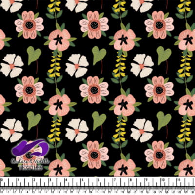 Pink and white floral pattern with green leaves on black background