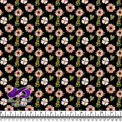 Pink and white floral pattern with green leaves on black background