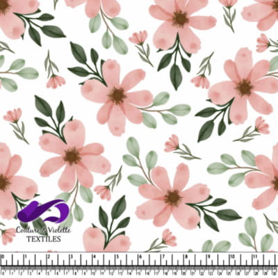 Pink Floral Pattern with Green Leaves on White Background