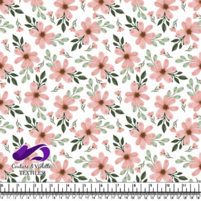Pink Floral Pattern with Green Leaves on White Background