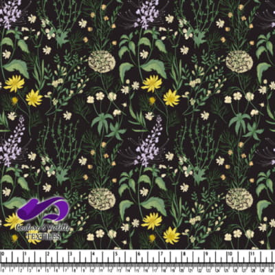 Wildflower Botanical Illustration on Black Background Textile