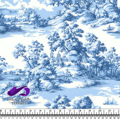 Blue and white vintage countryside landscape textile pattern