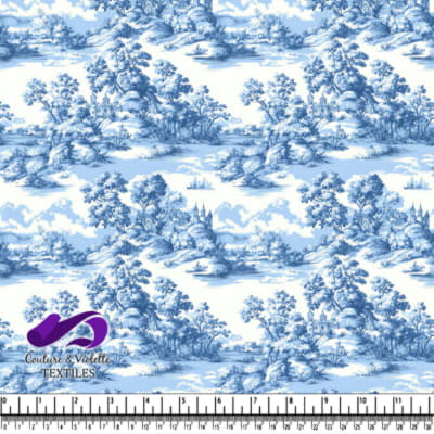 Blue and white vintage countryside landscape textile pattern