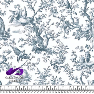 Tissu Toile Vintage Oiseaux et Nature en Bleu et Blanc
