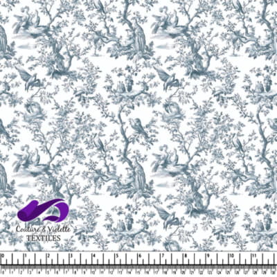Tissu Toile Vintage Oiseaux et Nature en Bleu et Blanc